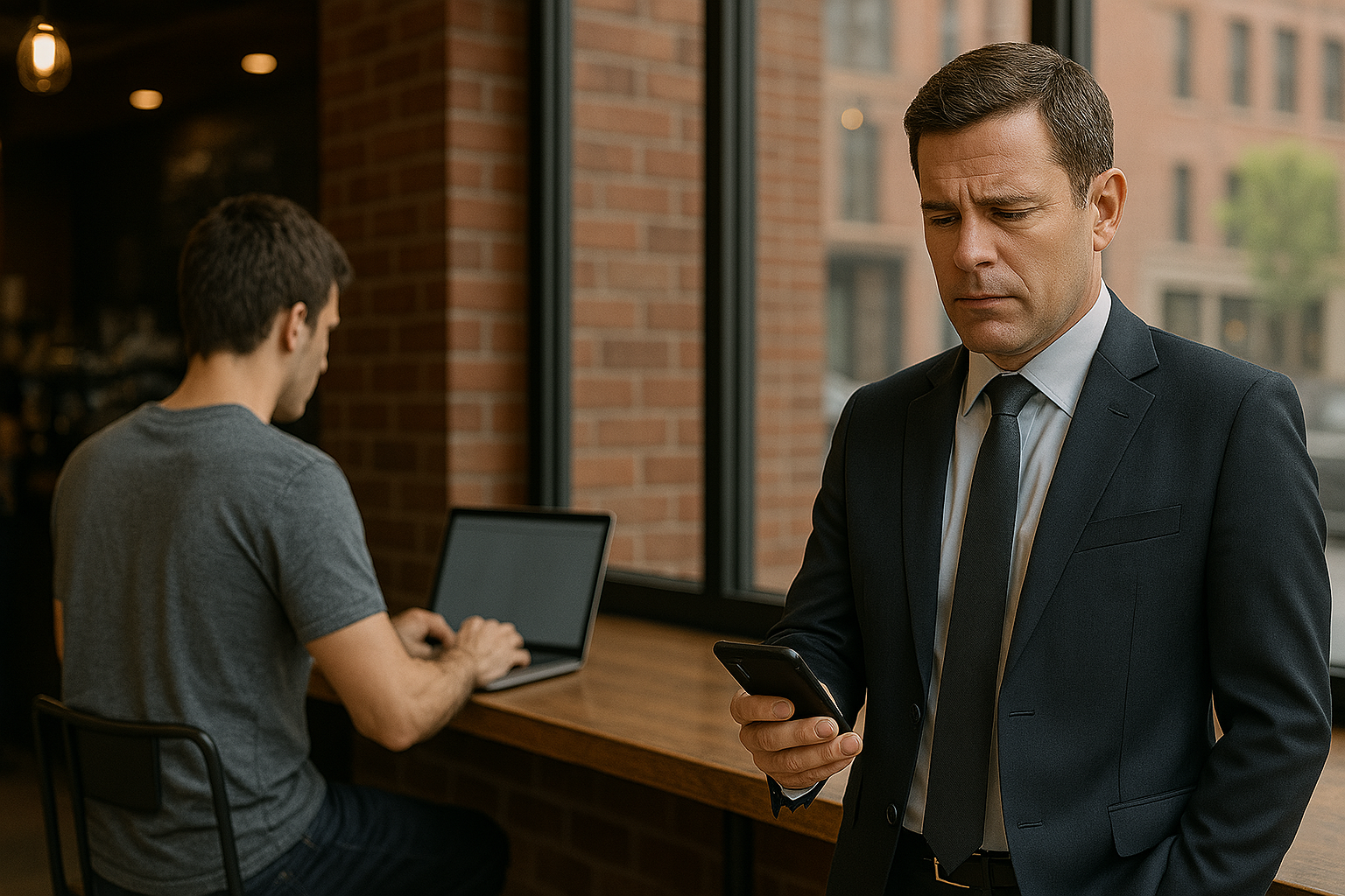 Threat actor at a coffee shop performs MITM on unsuspecting man in line. Any resemblance to six-fingered threat actors, living or dead, is purely coincidental.