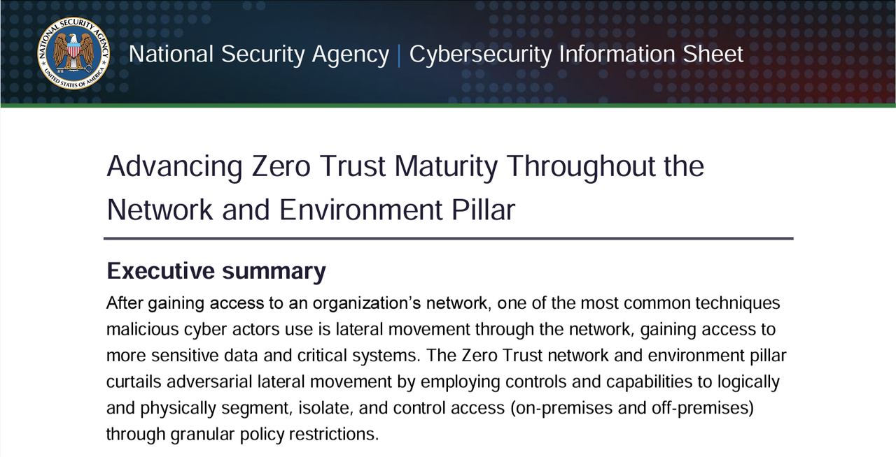 Executive summary of NSA's information sheet on zero trust in the network and environment pillar